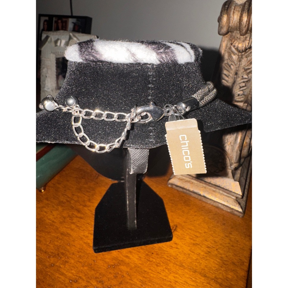 Chicos Silver Tone Mesh Double Strand Necklace with Rhinestone Charms - Picture 7 of 8